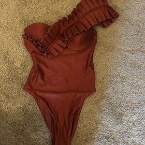 Andrea Iyamah Rust One-Shoulder Ruffle One Piece